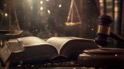 Justice Law Gavel Scales Book Legal Theme Dramatic Golden Light Background Elegant Professional Law Firm Concept Image High Resolution Photo dark     