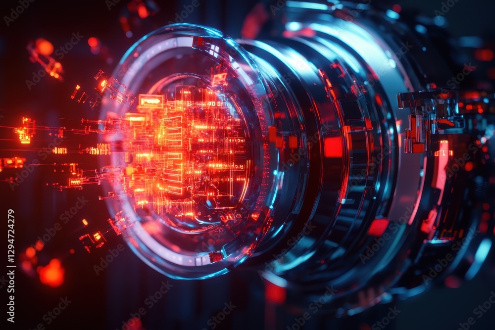 Poster abstract depiction of futuristic technology with glowing red circuitry and metallic components