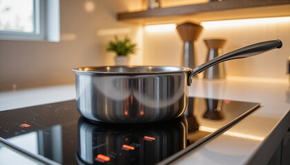 Modern induction cooktop with stainless steel pot in sleek kitchen, culinary elegance