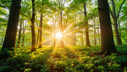Obraz premium Sunlight filtering through lush forest trees, nature's peaceful serenity