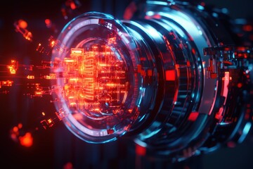 Abstract depiction of futuristic technology with glowing red circuitry and metallic components