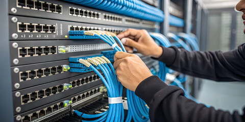 Technician's hands connecting network cables in a server rack, professional maintenance scene
