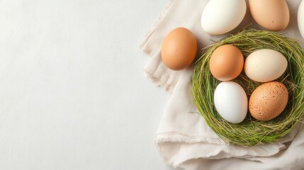 A nest made of fresh green herbs holds a variety of natural farm-fresh eggs in different shades, resting on a soft linen cloth.