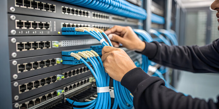 Technician's hands connecting network cables in a server rack, professional maintenance scene
