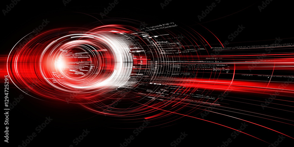 Poster futuristic digital speed tunnel with red glowing data and motion effect