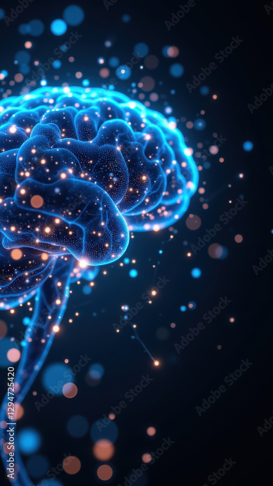 Poster a visual metaphor illustrating artificial general intelligence with a glowing brain emitting light p