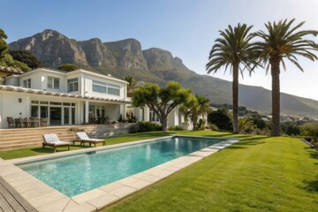 Fototapeta premium Stunning Modern Villa Overlooking Majestic Mountains and Lush Greenery on a Bright Sunny Day