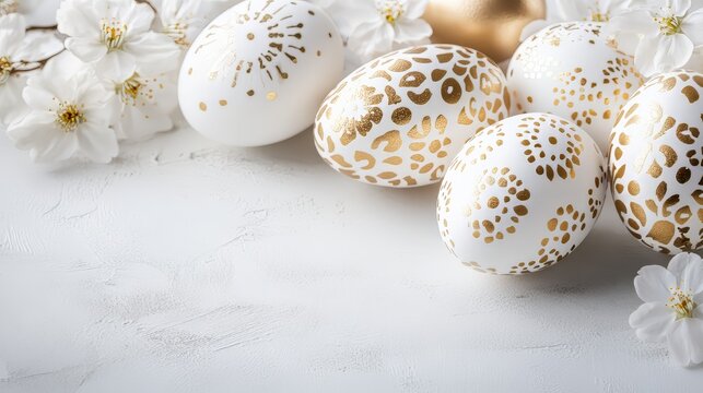 luxurious white easter eggs with golden decorations and spring blossoms on textured background , perfect for easter banner copy space 
