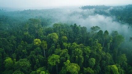 Obraz premium Aerial View of Lush Green Rainforest During Rain