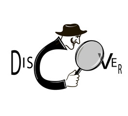 Discover. The word is depicted as a detective with a magnifying glass who is looking for something. Black vector illustration isolated on a white background