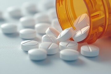 White round tablets spilled from an amber prescription bottle on a plain surface in soft lighting