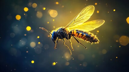 Naklejka premium Close-up of a bee in flight surrounded by golden bokeh