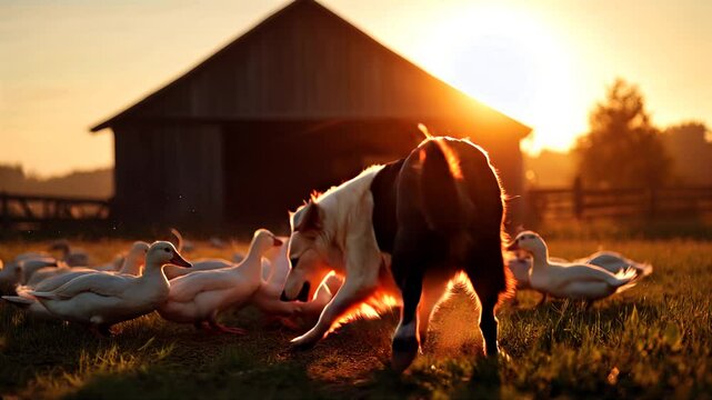A Border Collie dog skilfully herds a group of ducks in a farmyard
