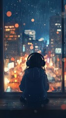 LoFi-themed vertical artwork of a young woman wearing headphones, sitting in front of a rain-covered window, lost in thought as she gazes at the illuminated city skyline, creating a cozy vibe.