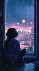 LoFi-inspired vertical illustration of a person wearing headphones, sitting near a rain-streaked window, lost in thought while watching a futuristic neon-lit cityscape at night, perfect for phone wall