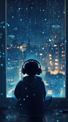 LoFi-themed vertical artwork of a young woman wearing headphones, sitting in front of a rain-covered window, lost in thought as she gazes at the illuminated city skyline, creating a cozy vibe.