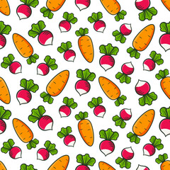 carrots and radishes with black outline on white background. Vector seamless pattern.