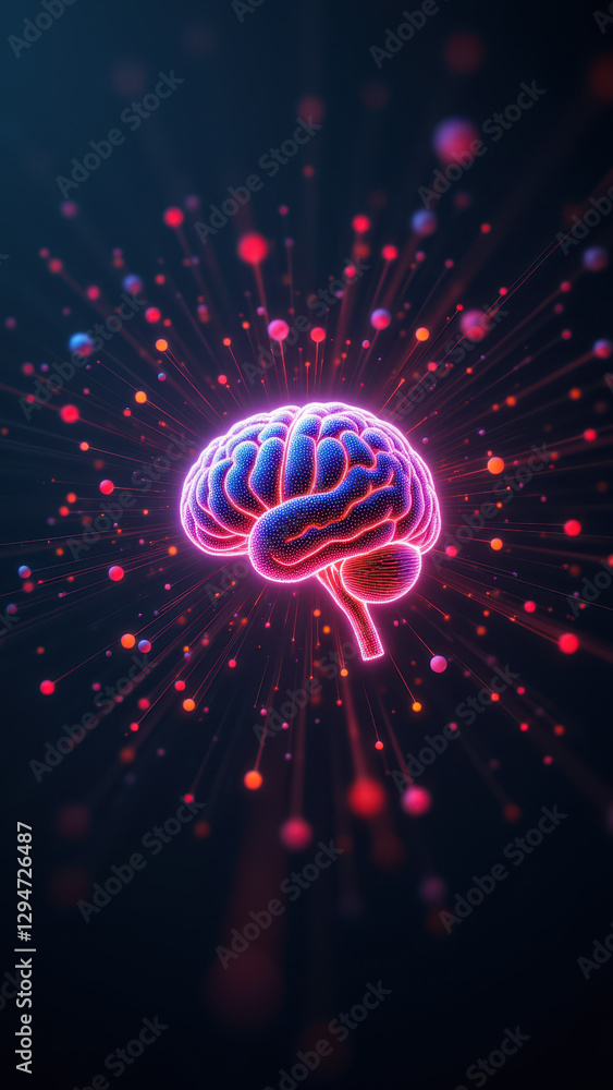 Poster an artistic representation of artificial general intelligence with a glowing brain amidst colorful p