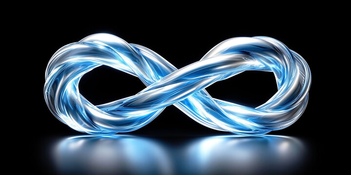 Futuristic glowing infinity symbol with metallic blue reflections on black