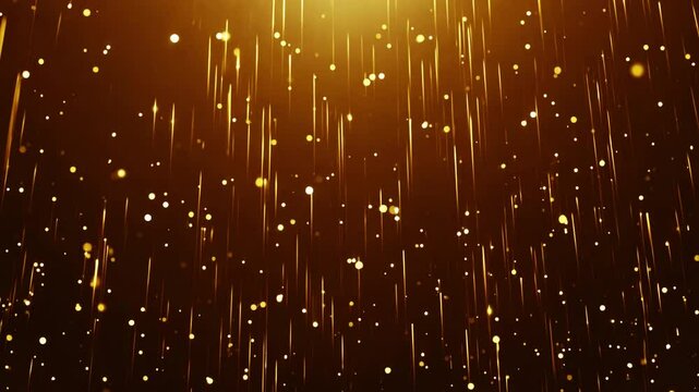 Golden rain. Futuristic Golden Beautiful Wave Particles light abstract background shining glittering particle floor stars dust flare. Luxurious golden sparkling bokeh. Award ceremony, stage. 3D Illust