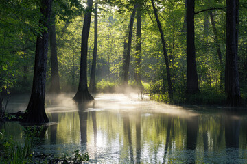 Tranquil swamp at sunrise with mist rising from still waters, surrounded by lush green trees.