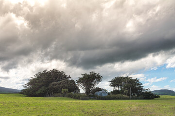 Single lonely house  and trees with thick dramatic heavy clouds