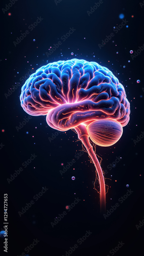 Poster a digital rendering of an artificial brain with ai technology elements floating around it.