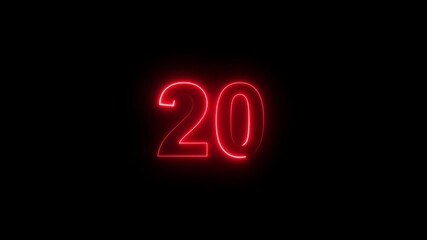 Glowing neon red number 20 with alpha channel countdown icon background 4k animation.