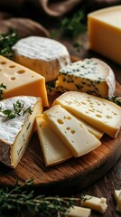 Assorted cheeses on a wooden board with fresh herbs in a warm kitchen setting