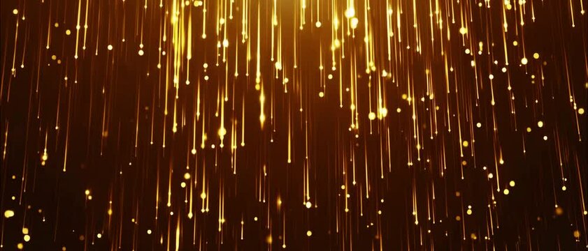 Golden rain. Futuristic Golden Beautiful Wave Particles light abstract background shining glittering particle floor stars dust flare. Luxurious golden sparkling bokeh. Award ceremony, stage. 3D Illust