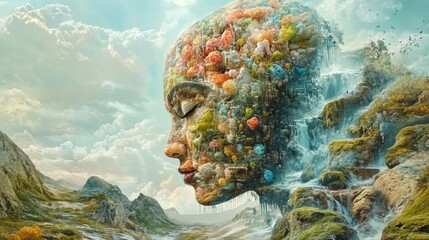 A surreal landscape with a woman's face superimposed over a waterfall and mountains.