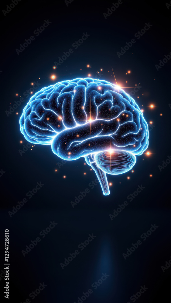 Poster a digital rendering of a human brain with an illustration of artificial intelligence concepts, repre