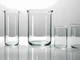 Glass beakers arranged on a surface with soft lighting showcasing laboratory equipment