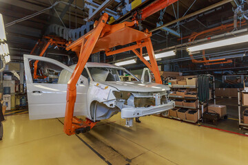Conveyor assembly line of a passenger car.