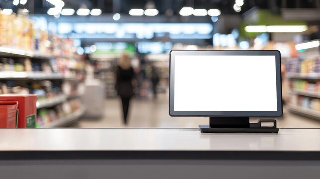 Blank digital screen mockup for advertisement, placed near the checkout counter in a modern supermarket, with visible shoppers in the blurred background