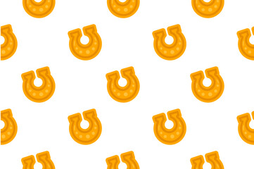 Seamless pattern with golden horseshoes on a white background, symbolizing good luck and fortune. Ideal for festive designs and St. Patrick’s Day crafts.
