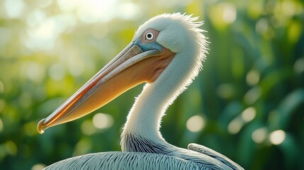 Pelican portrait, sunlit foliage background, wildlife photography, nature stock
