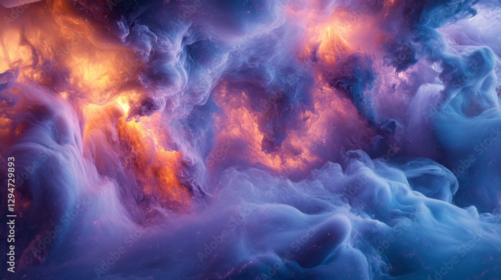 Poster a mesmerizing display of swirling clouds in the cosmos, blending brilliant shades of purple and oran