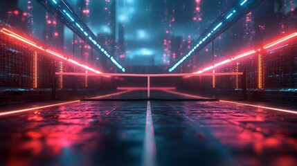 Futuristic Neon Lit Tennis Court with Vibrant Lighting and High-Tech Design. Generative AI