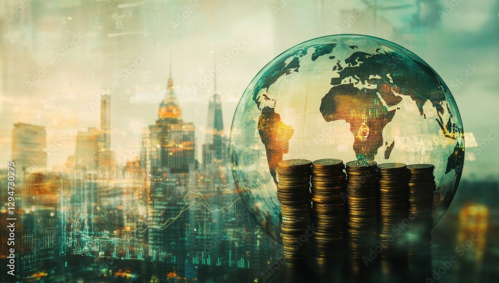 Poster a globe with stacks of coins inside, surrounded by financial charts and graphs in the background the