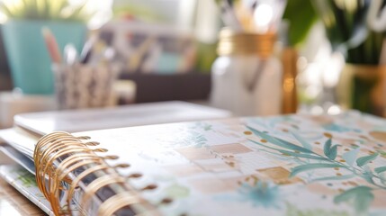 Colorful planner on a desk with plants and decor