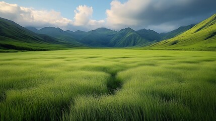 Obraz premium Vast Wildflower Field and Lush Green Mountains Under a Partly Cloudy Sky