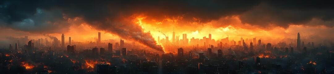Fototapeta premium City Under Fiery Destruction Amid Dark Clouds and Smoke. Generative AI