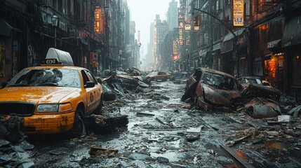 Abandoned City with Crushed Taxis Rubbish and Stormy Weather in a Post-Apocalyptic Scene. Generative AI