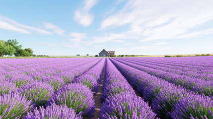 Obraz premium Lavender fields in bloom under blue skies with charming farmhouse in the distance