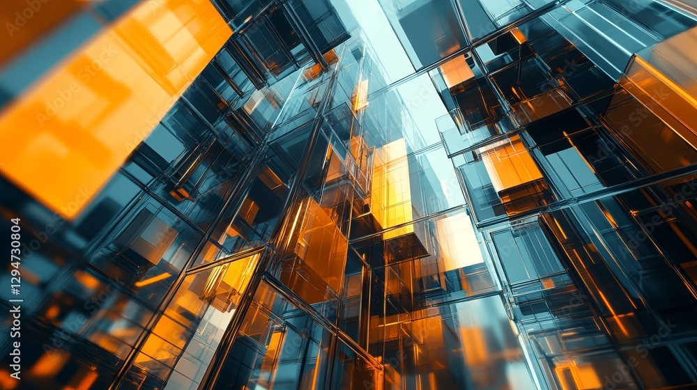 Poster abstract orange and teal glass cubes modern architecture digital art background design futuristic bu