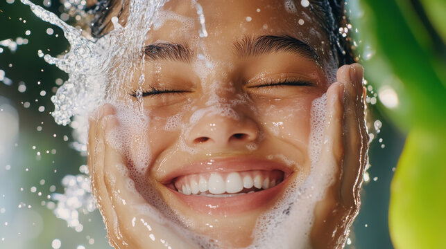 Refreshing skin care routine with model washing face and water splash