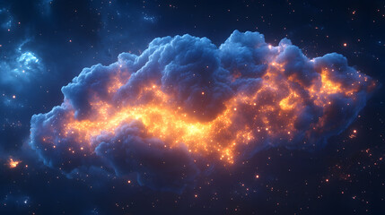A vibrant AI nano cloud glowing with intelligence as it drifts through cosmic dust.