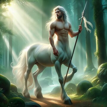 A powerful male centaur stands in a sunlit forest,  holding a spear. He embodies the strength and wisdom of Greek mythology, reminiscent of noble centaurs. Generative AI