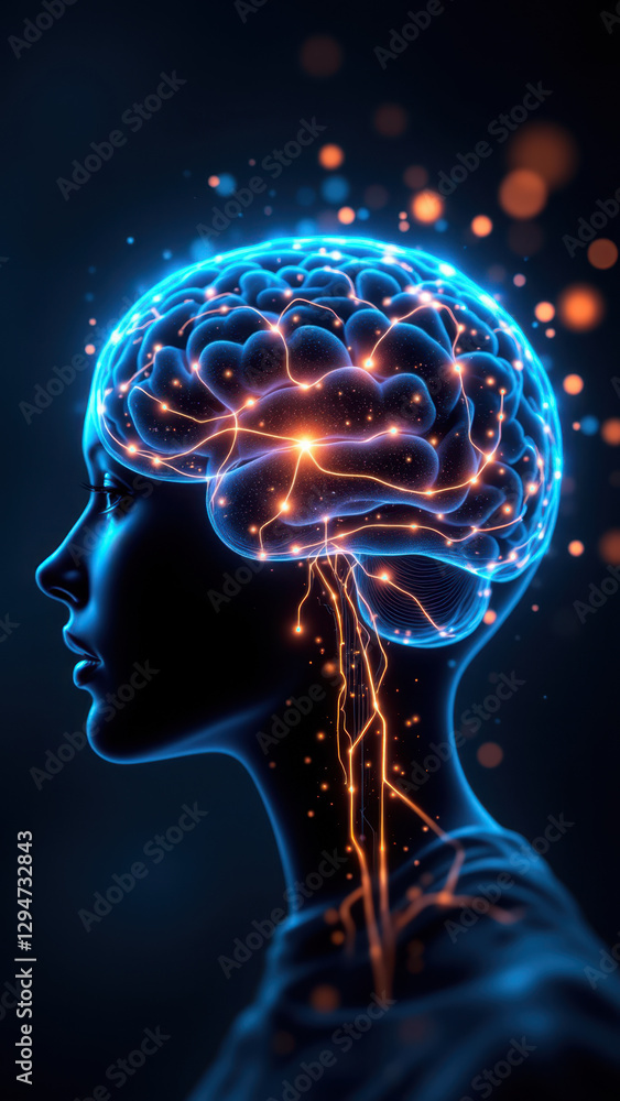 Poster artificial general intelligence concept with brain and circuitry theme.